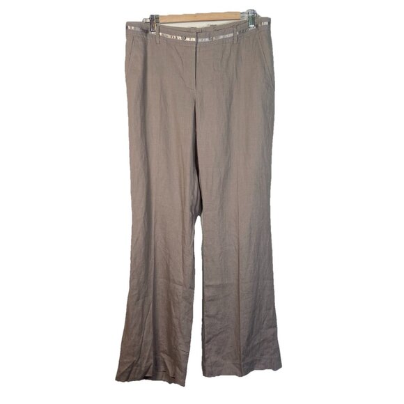 H&M Women’s Size 14 Pants 100% Linen Wide‎ Leg Pockets Mid Rise Tan Taupe Office - Picture 1 of 10